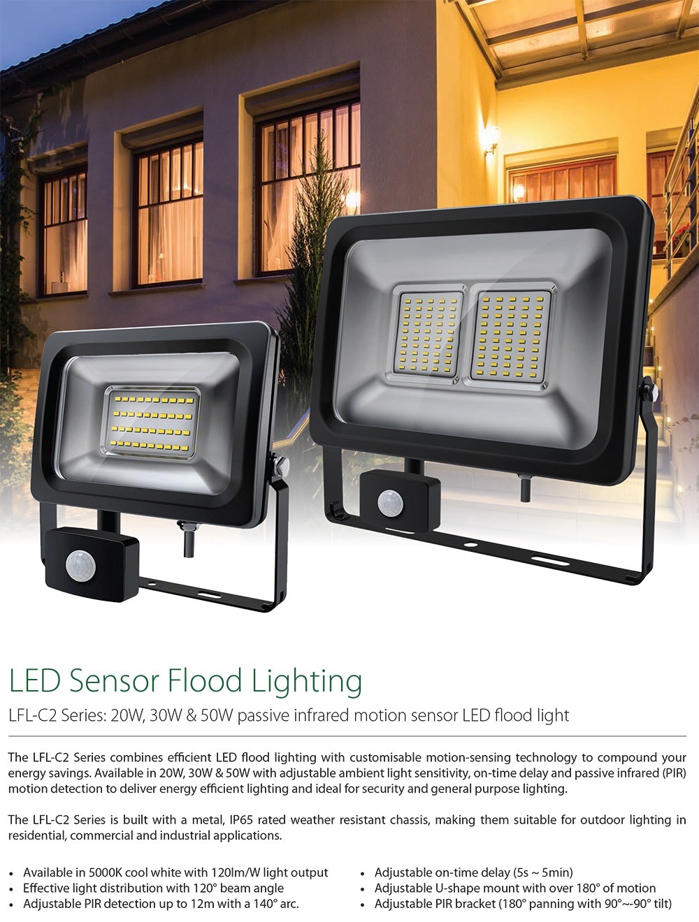 Ensa Commercial 50W 5000K LED Sensor Flood Light LFL C50 CS2 5